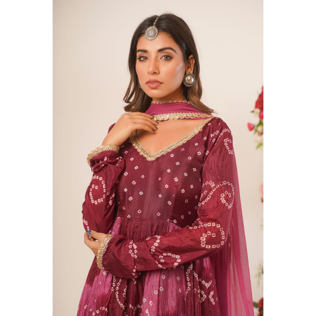 Women's Mauve Bandhani Anarkali Kurta With Dupatta - Rangpur