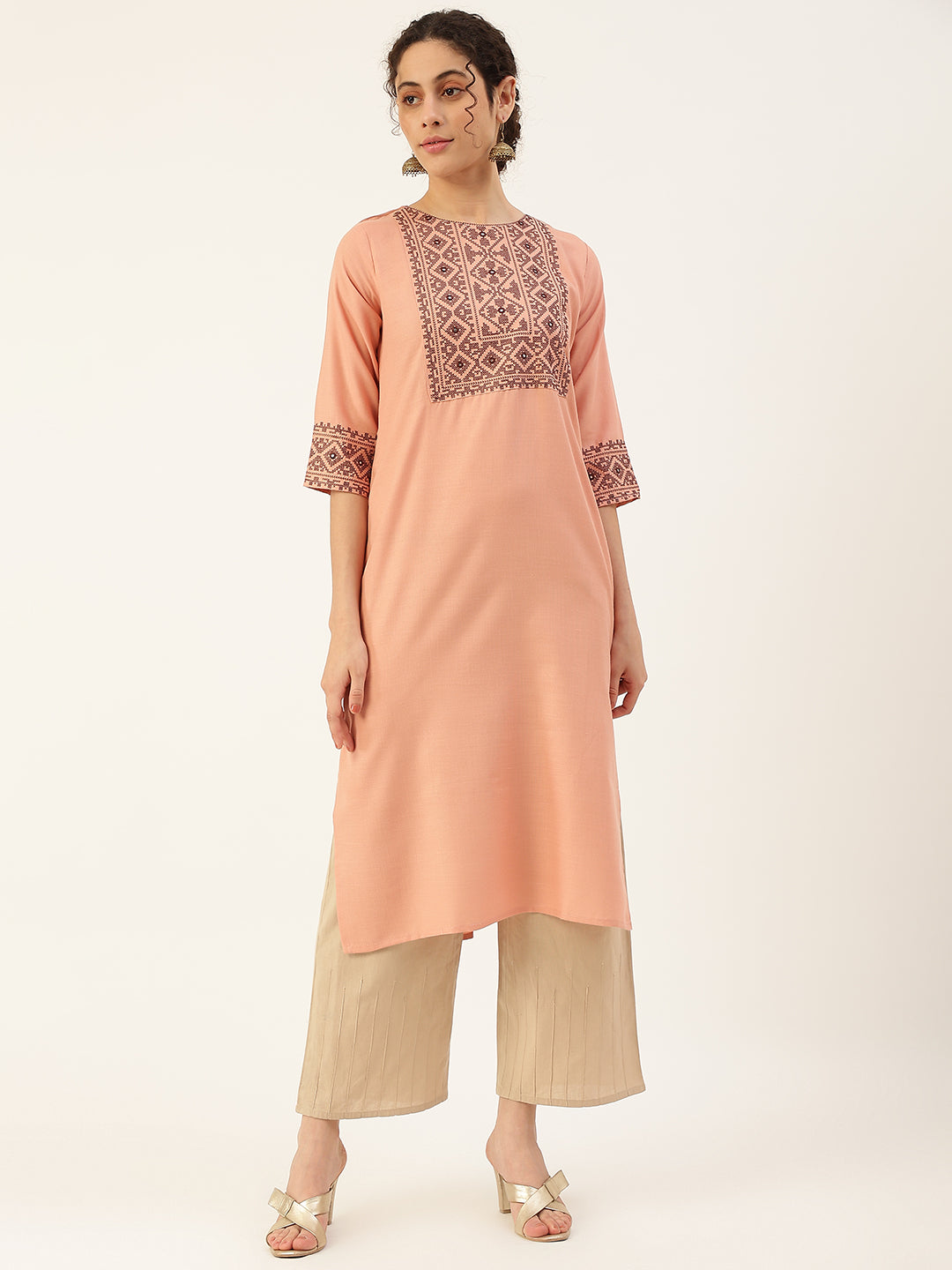 Women's Peach Color Pure Cotton Embroidery Stripe Straight Kurta - Vaaba