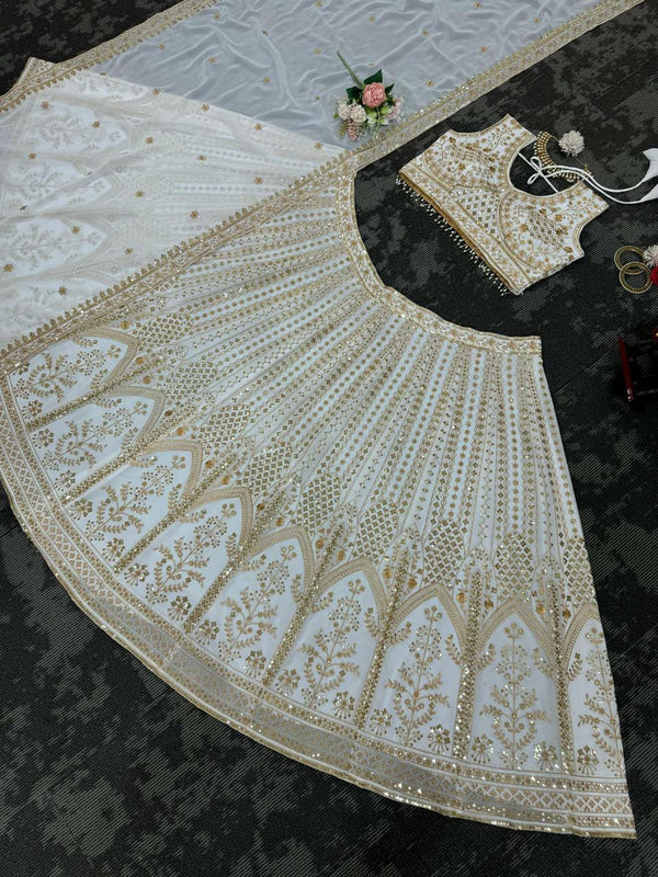 Women's White Faux Georgette Sequins with Thread Embroidered Designer Lehenga Choli Set - Jyoti Fashion