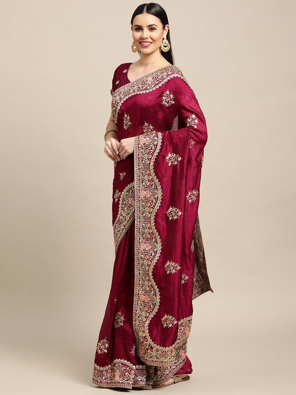 Women's Purple Silk Blend Embroidered Designer Saree With Blouse - Jyoti Fashion