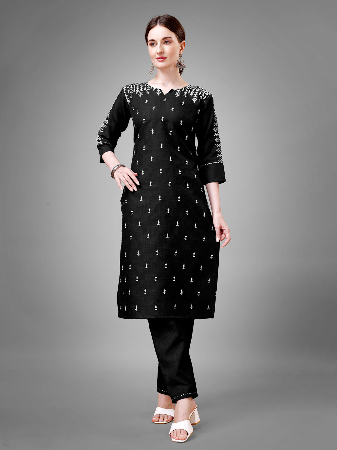 Women's Black Cotton Blend Sequins With Embroidered Kurta Set - Jyoti Fashion