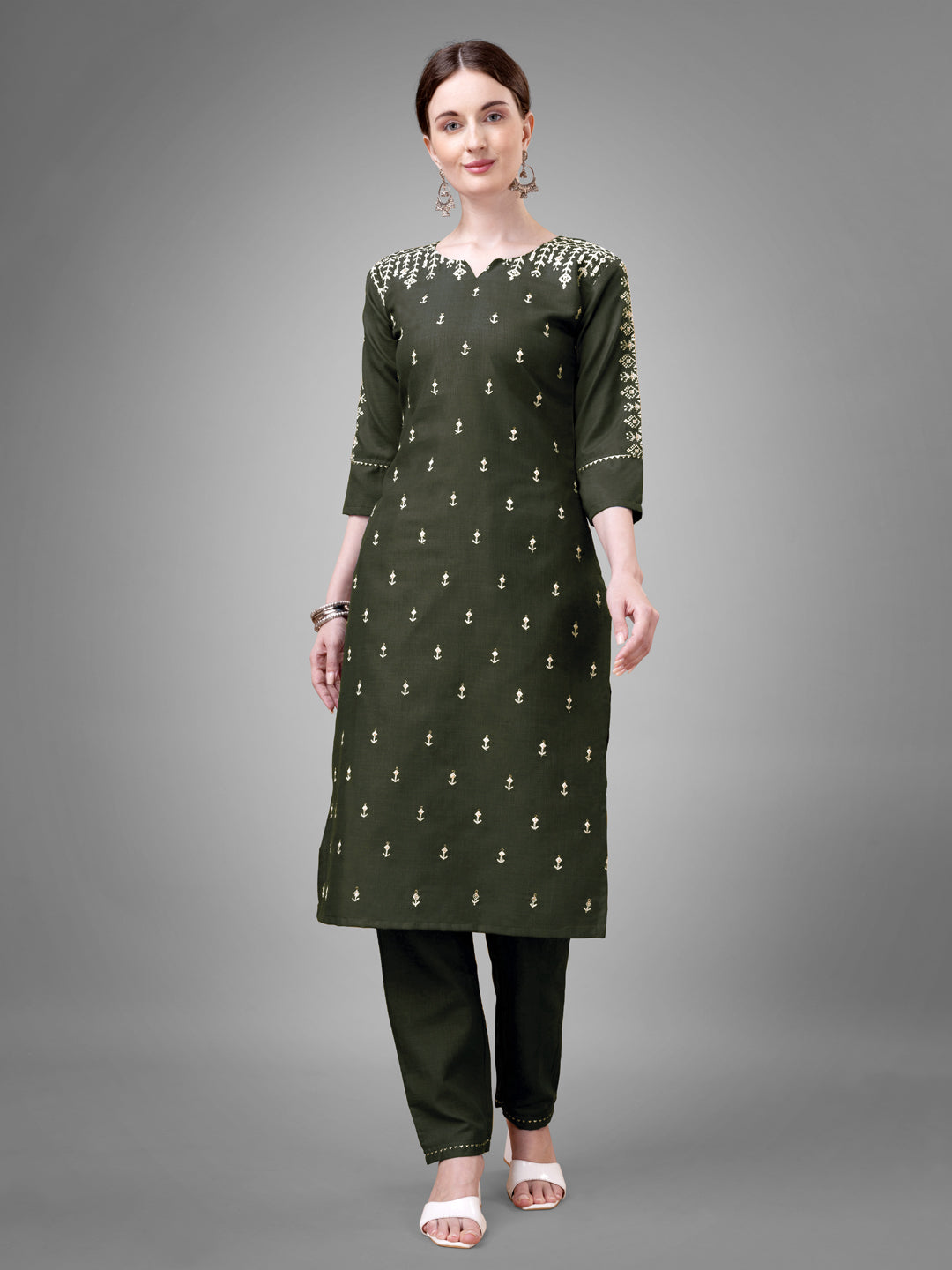 Women's Dark Green Cotton Blend Sequins With Embroidered Kurta Set - Jyoti Fashion