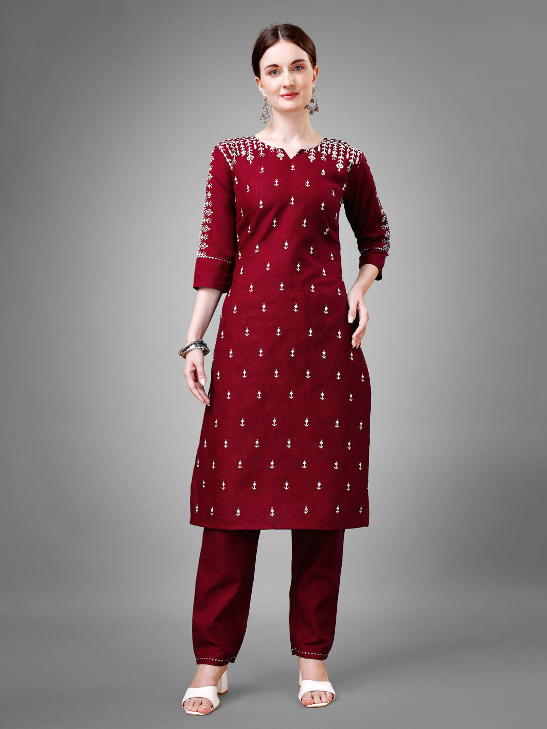 Women's Maroon Cotton Blend Sequins With Embroidered Kurta Set - Jyoti Fashion