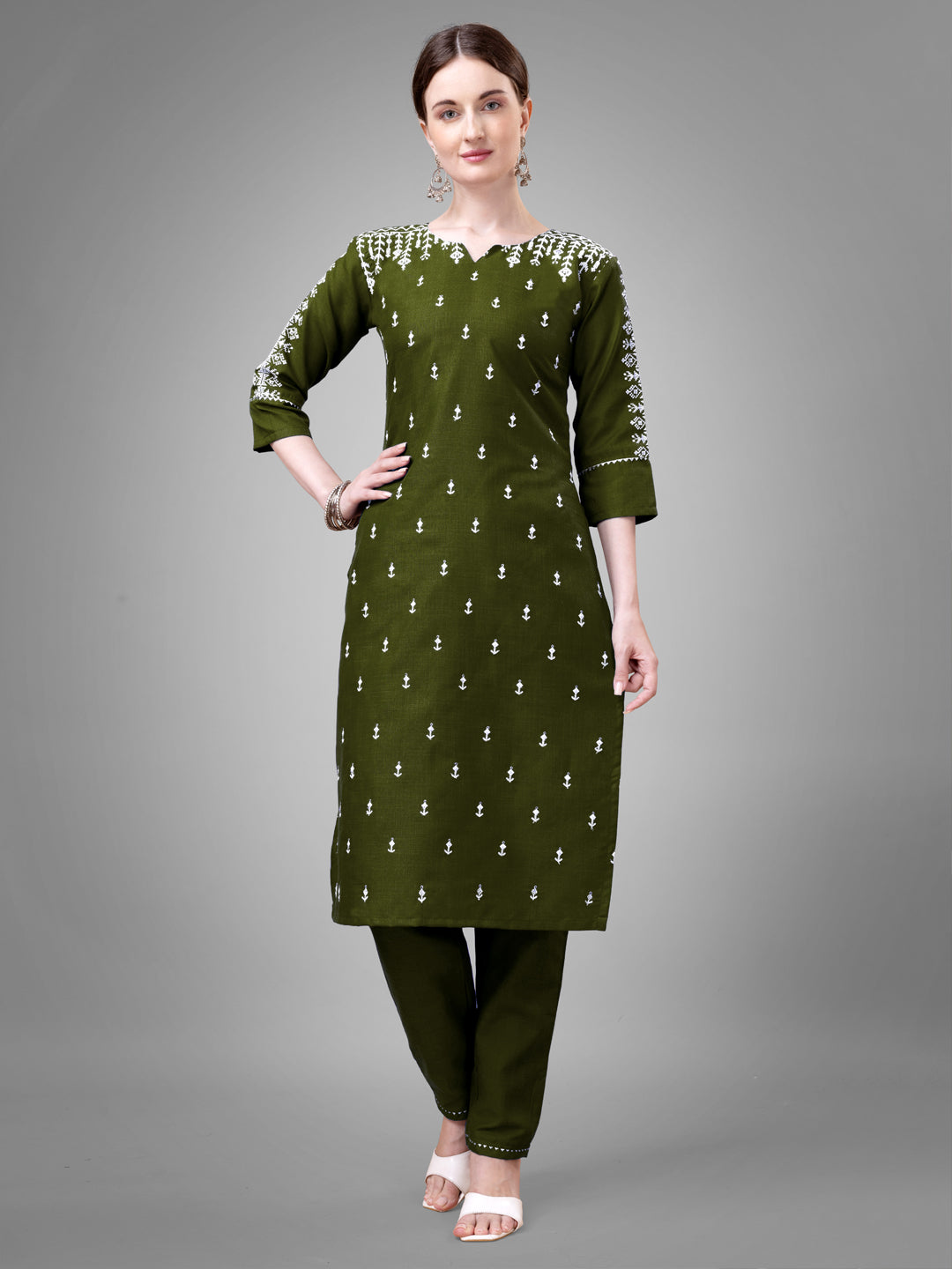 Women's Mehendi Cotton Blend Sequins With Embroidered Kurta Set - Jyoti Fashion