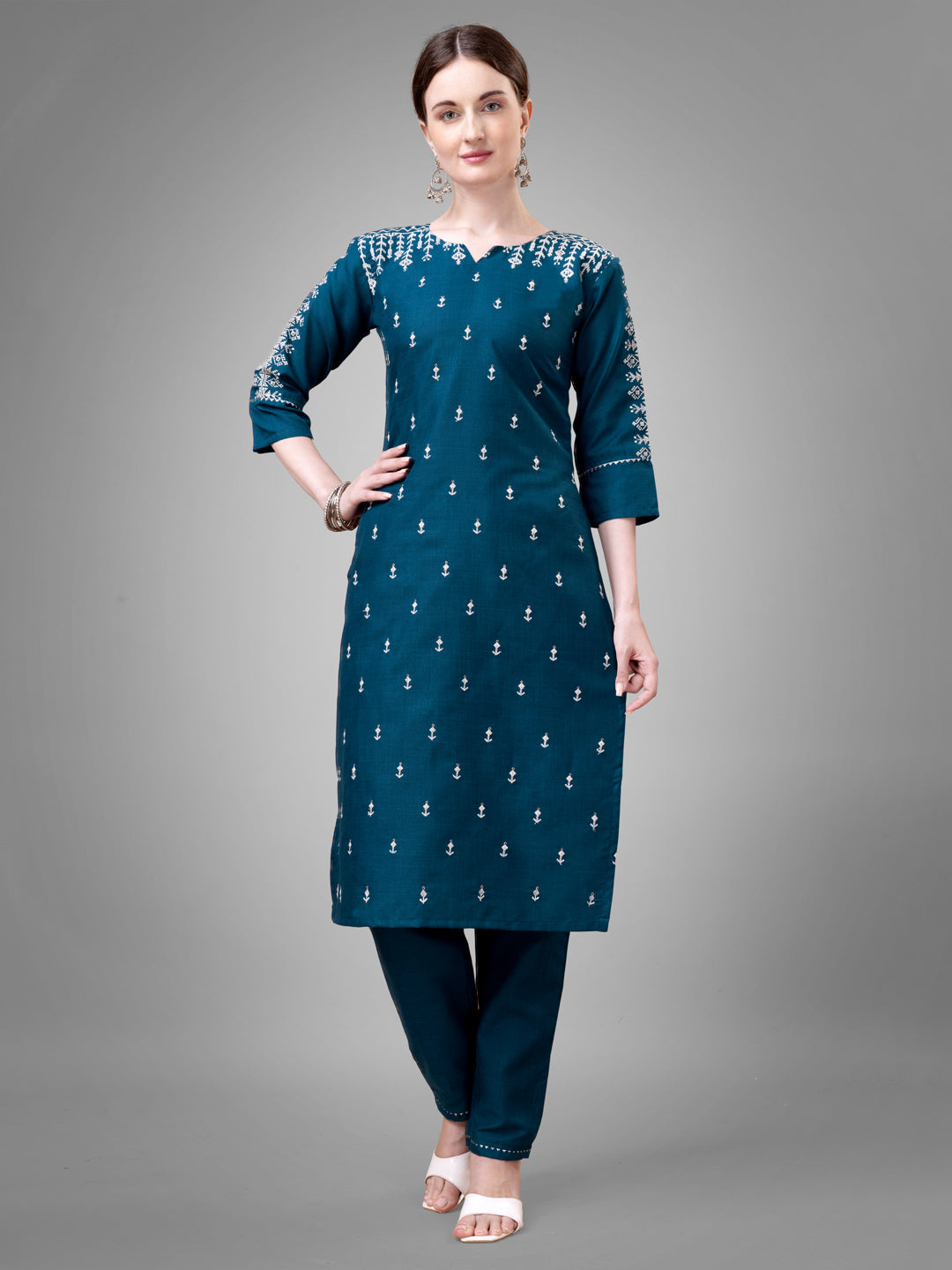 Women's Morpich Cotton Blend Sequins With Embroidered Kurta Set - Jyoti Fashion