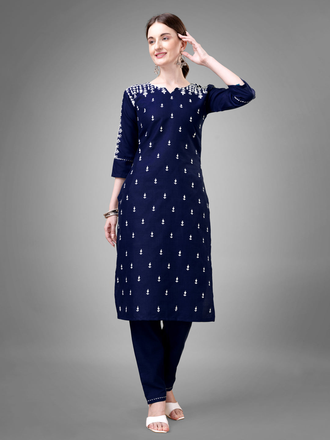 Women's Navy Blue Cotton Blend Sequins With Embroidered Kurta Set - Jyoti Fashion