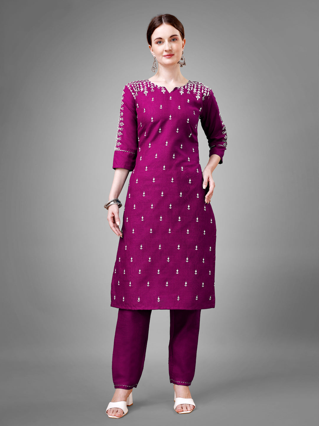 Women's Purple Cotton Blend Sequins With Embroidered Kurta Set - Jyoti Fashion