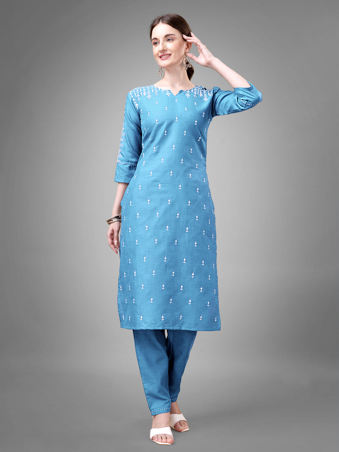 Women's Sky Blue Cotton Blend Sequins With Embroidered Kurta Set - Jyoti Fashion