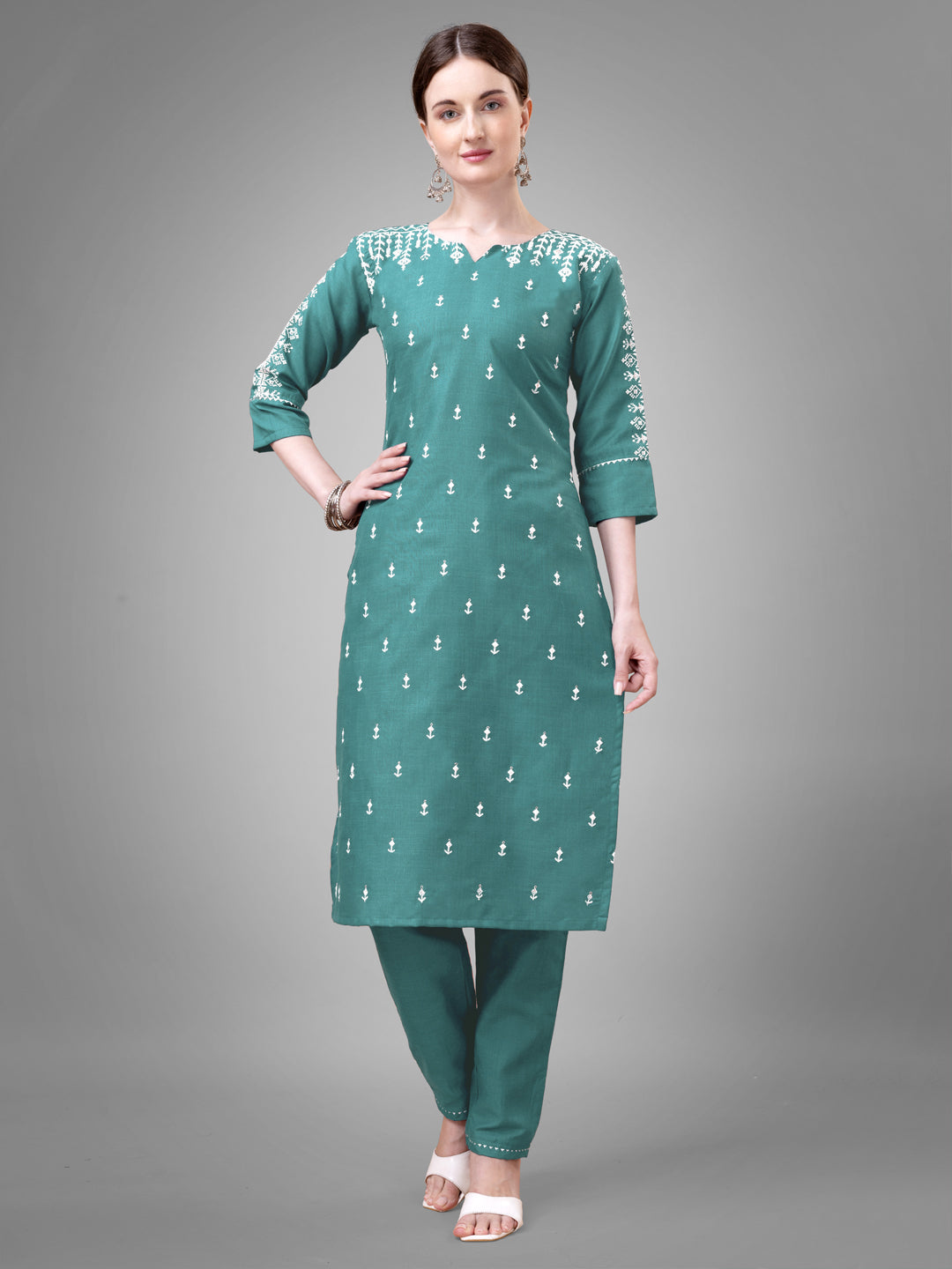 Women's Teal Cotton Blend Sequins With Embroidered Kurta Set - Jyoti Fashion