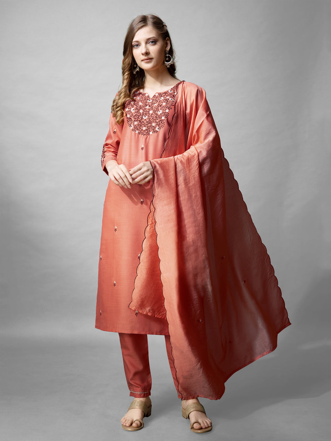 Women's Coral Cotton Blend Embroidered Kurta Set - Jyoti Fashion