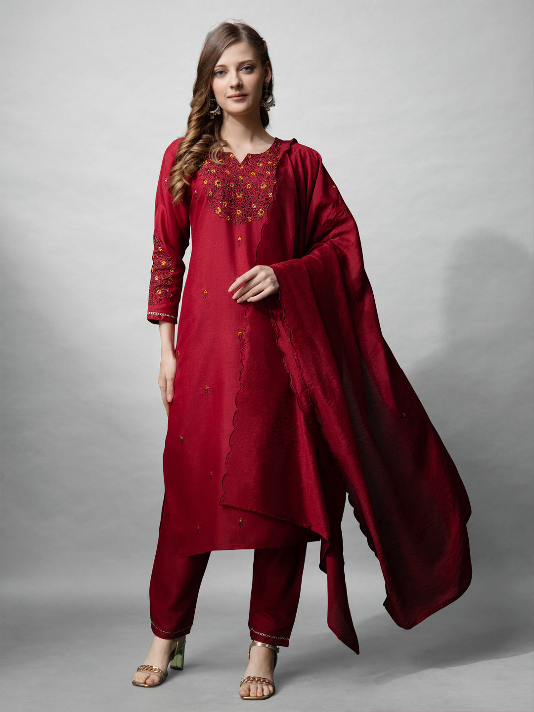 Women's Maroon Cotton Blend Embroidered Kurta Set - Jyoti Fashion