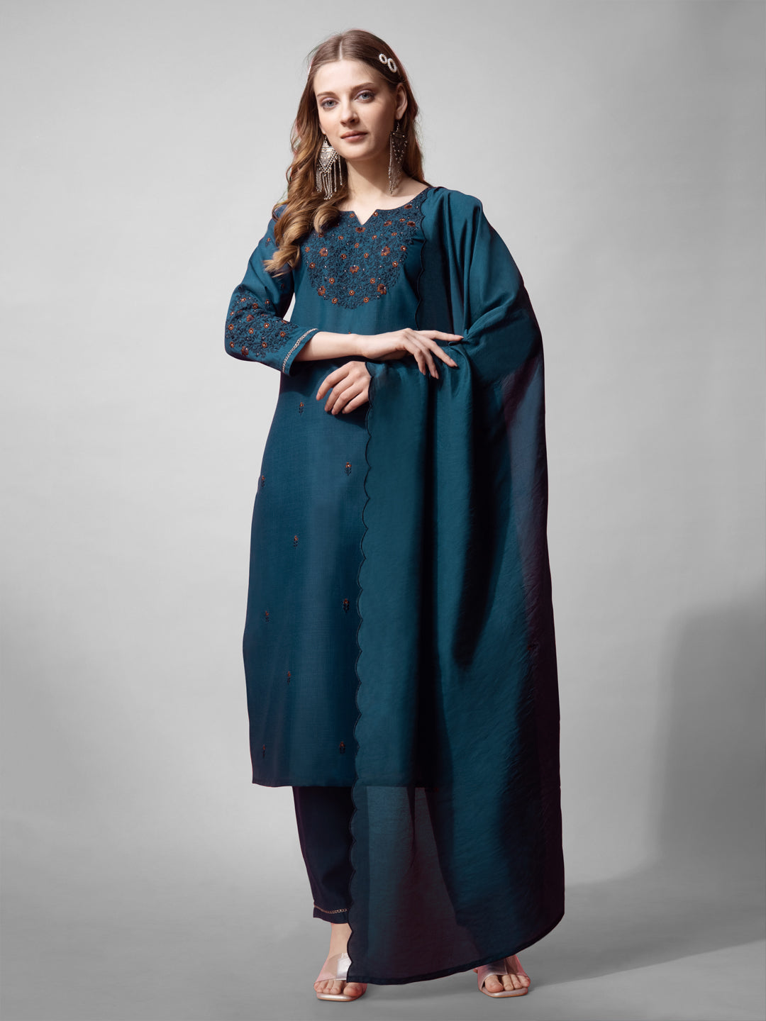 Women's Morpich Cotton Blend Embroidered Kurta Set - Jyoti Fashion