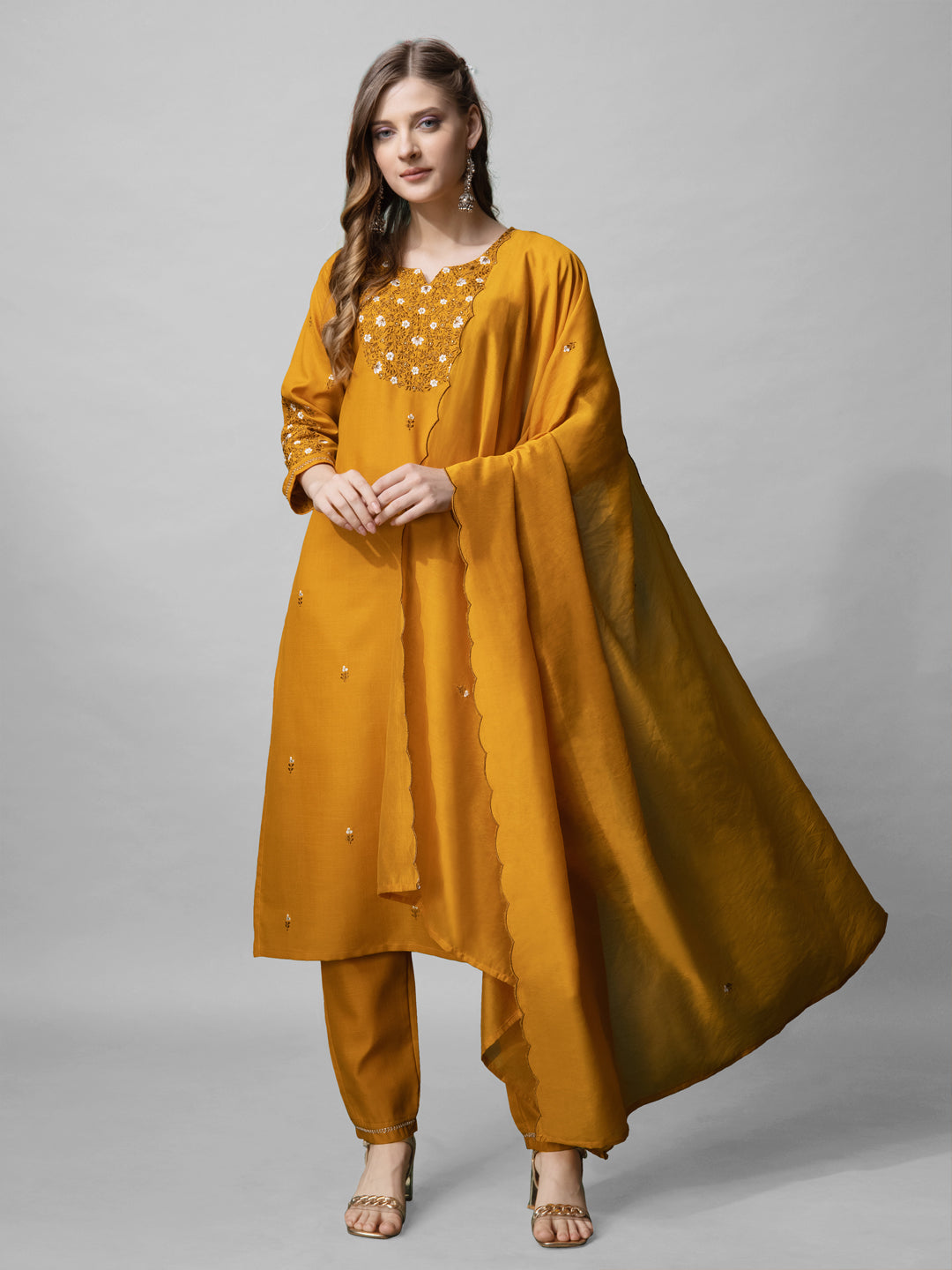 Women's Mustard Cotton Blend Embroidered Kurta Set - Jyoti Fashion