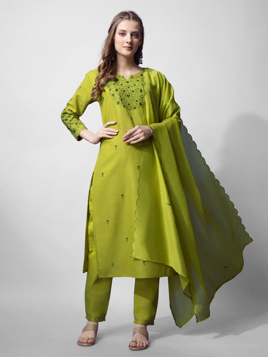 Women's Parrot Green Cotton Blend Embroidered Kurta Set - Jyoti Fashion