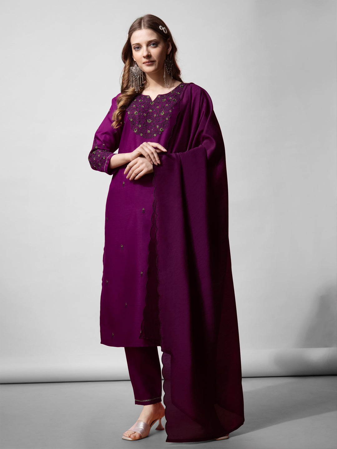 Women's Purple Cotton Blend Embroidered Kurta Set - Jyoti Fashion