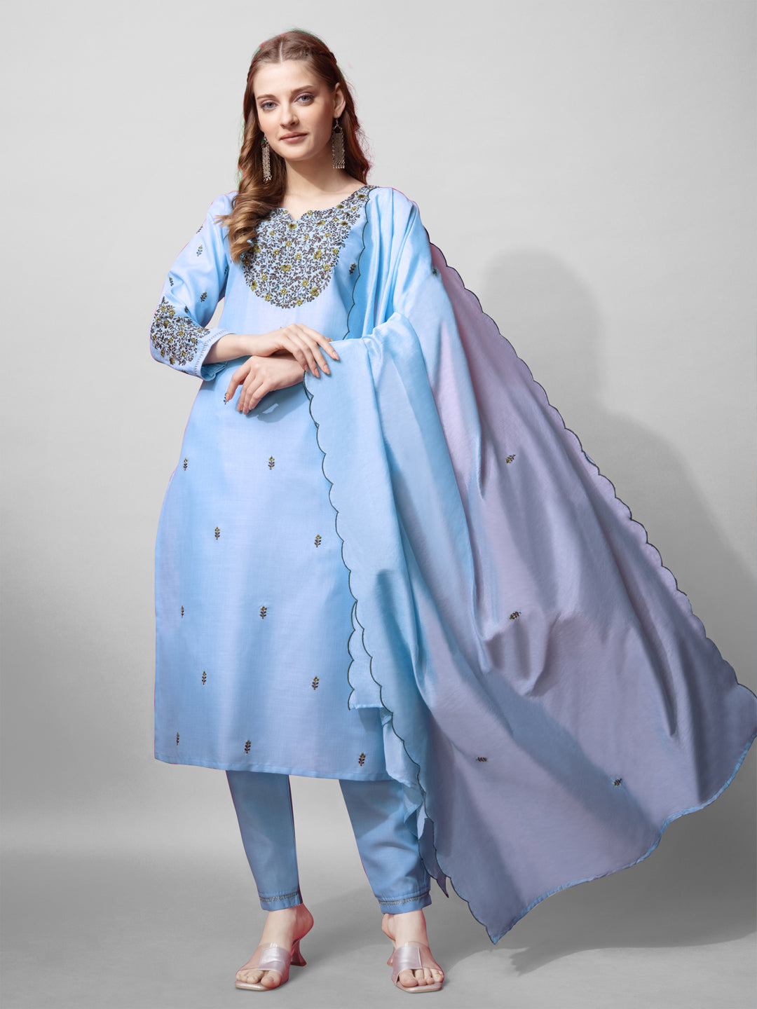 Women's Sky Blue Cotton Blend Embroidered Kurta Set - Jyoti Fashion