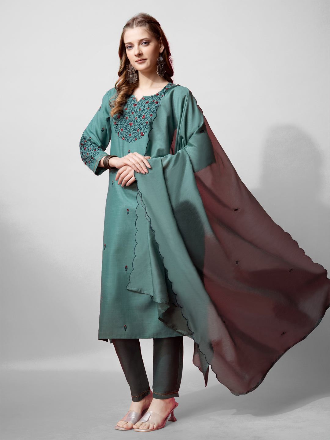 Women's Teal Cotton Blend Embroidered Kurta Set - Jyoti Fashion