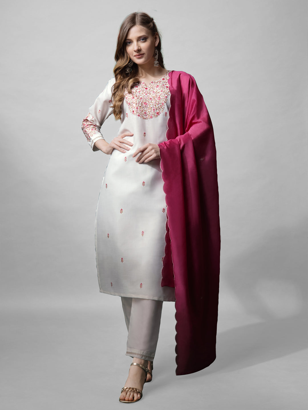 Women's White Cotton Blend Embroidered Kurta Set - Jyoti Fashion