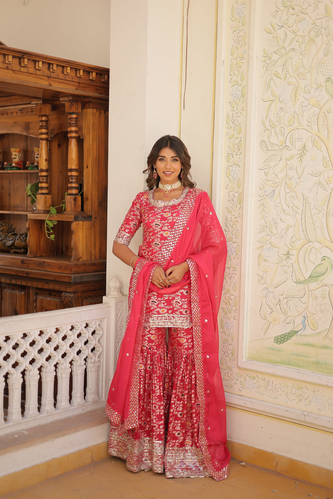 Women's Rani Pink Viscose Jacquerd Sequins With Zari Embroidered Gharara Set - Jyoti Fashion