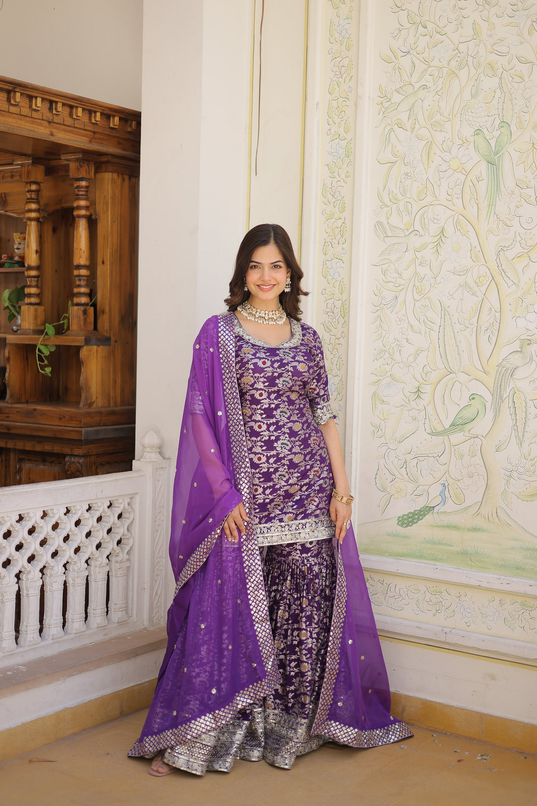 Women's Purple Viscose Jacquerd Sequins With Zari Embroidered Gharara Set - Jyoti Fashion