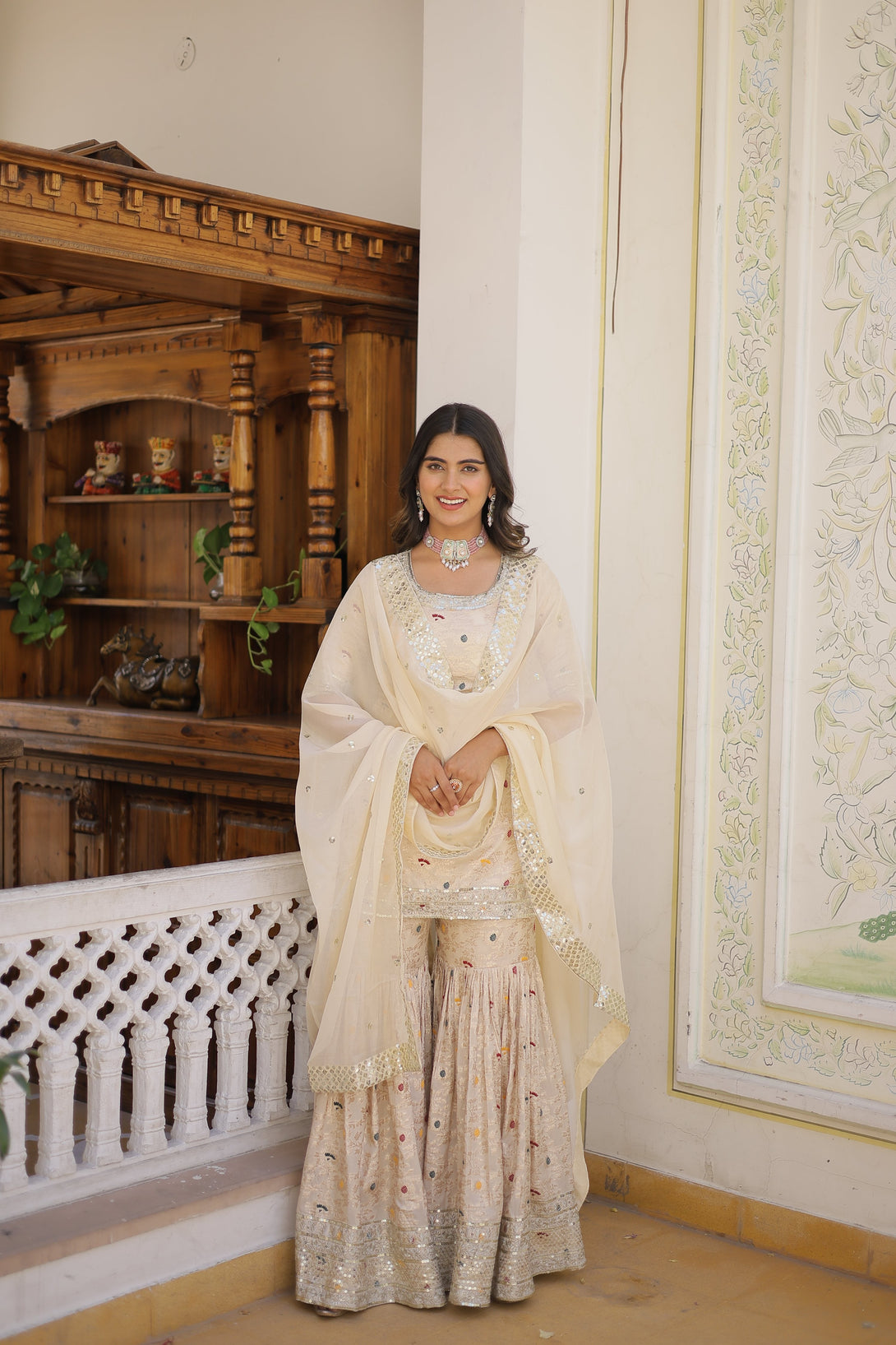 Women's Off White Viscose Jacquerd Sequins With Zari Embroidered Gharara Set - Jyoti Fashion