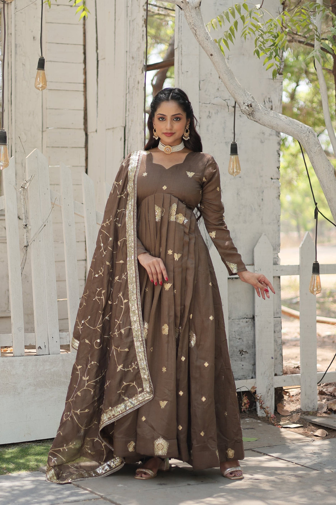 Women's Brown Vichitra Shimmer Sequins With Embroidered Anarkali Kurta With Dupatta - Jyoti Fashion