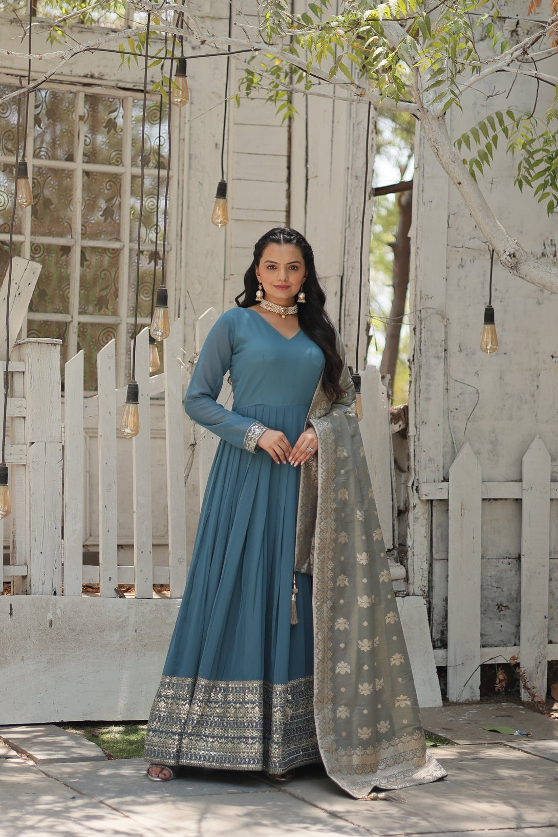 Women's Sky Blue Faux Georgette Sequins With Embroidered Anarkali Kurta With Dupatta - Jyoti Fashion