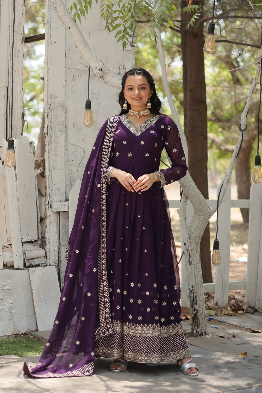 Women's Purple Faux Blooming Sequins With Embroidered Anarkali Kurta With Dupatta - Jyoti Fashion