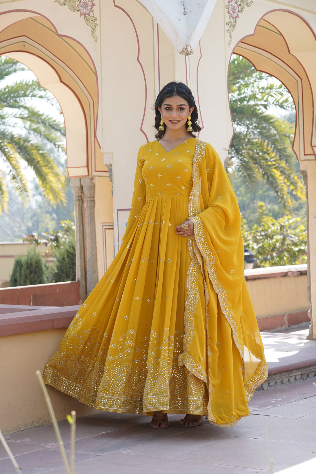 Women's Yellow Faux Georgette Sequins With Zari Embroidered Anarkali Kurta With Dupatta - Jyoti Fashion