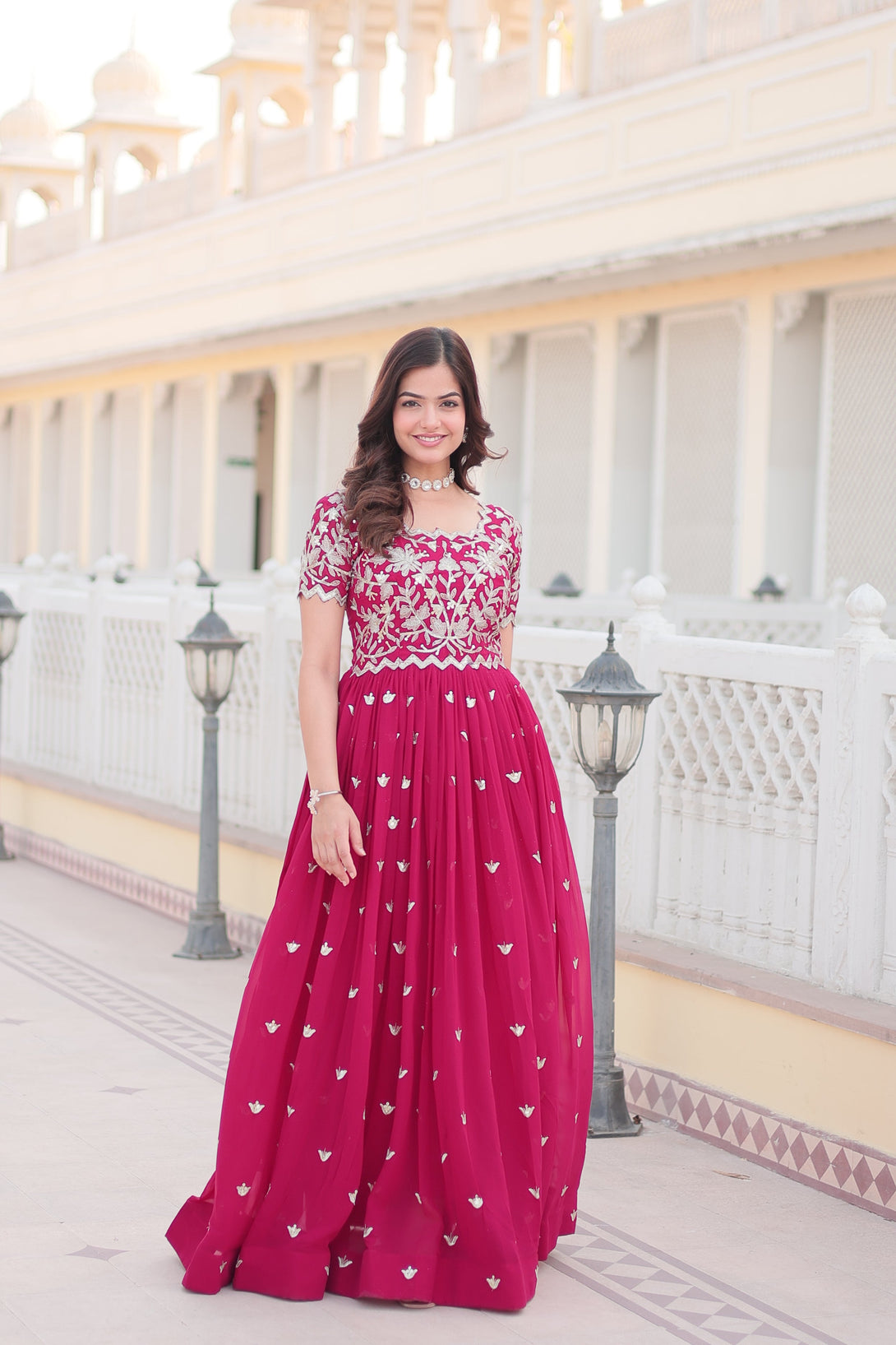 Women's Rani Pink Faux Blooming Codding Sequins With Embroidered Long Anarkali Dress - Jyoti Fashion