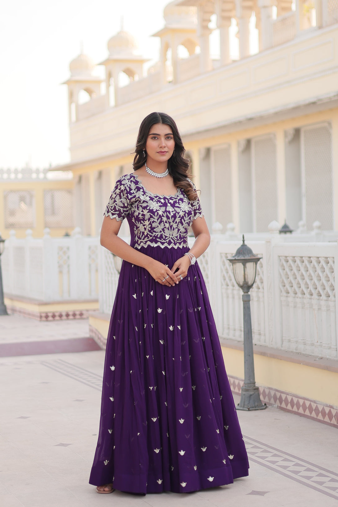 Women's Purple Faux Blooming Codding Sequins With Embroidered Long Anarkali Dress - Jyoti Fashion