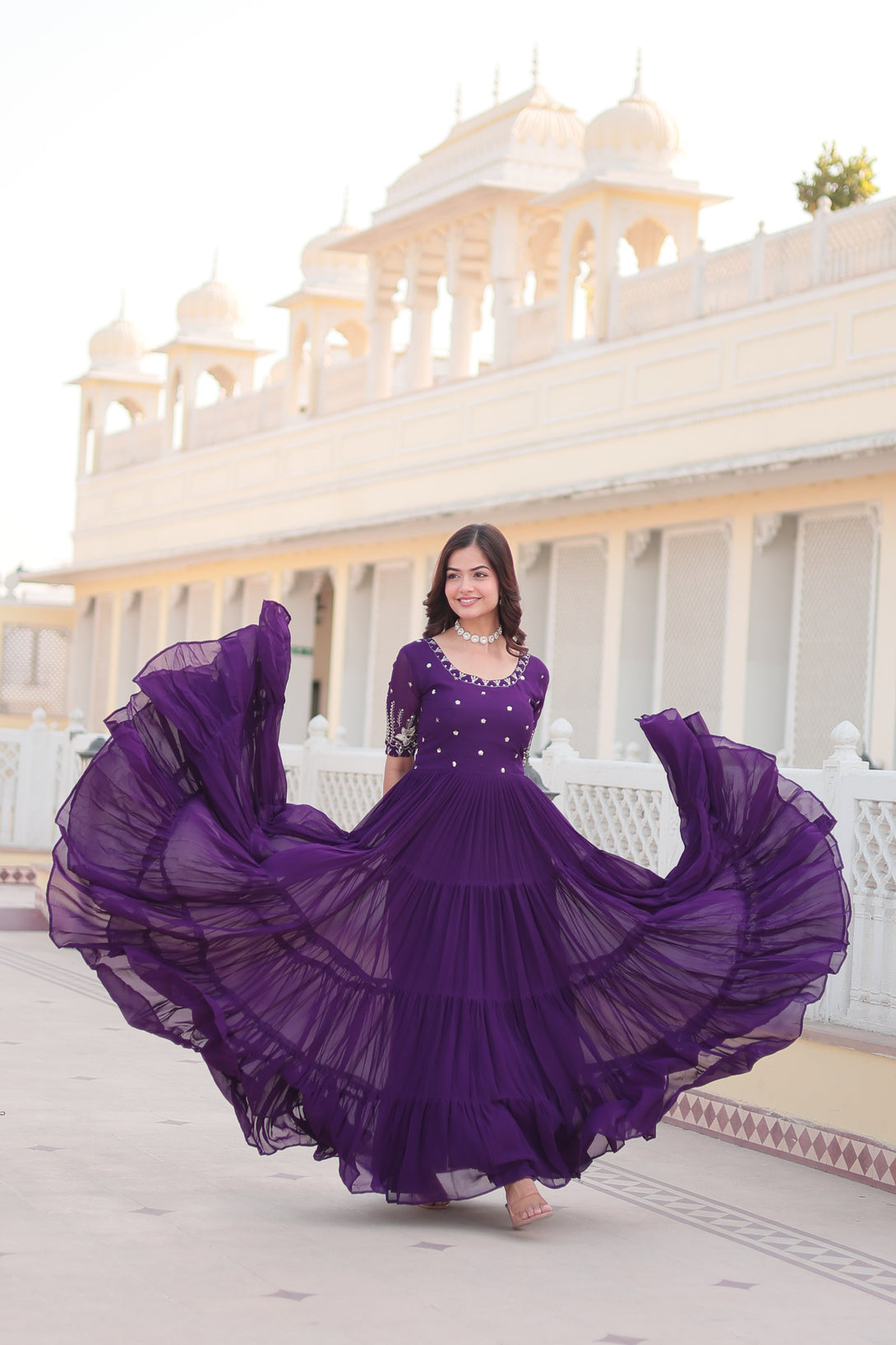 Women's Purple Faux Blooming Sequins With Zari Embroidered Long Anarkali Dress - Jyoti Fashion