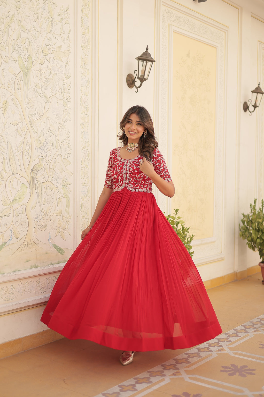 Women's Red Faux Blooming Sequins With Zari Embroidered Long Anarkali Dress - Jyoti Fashion