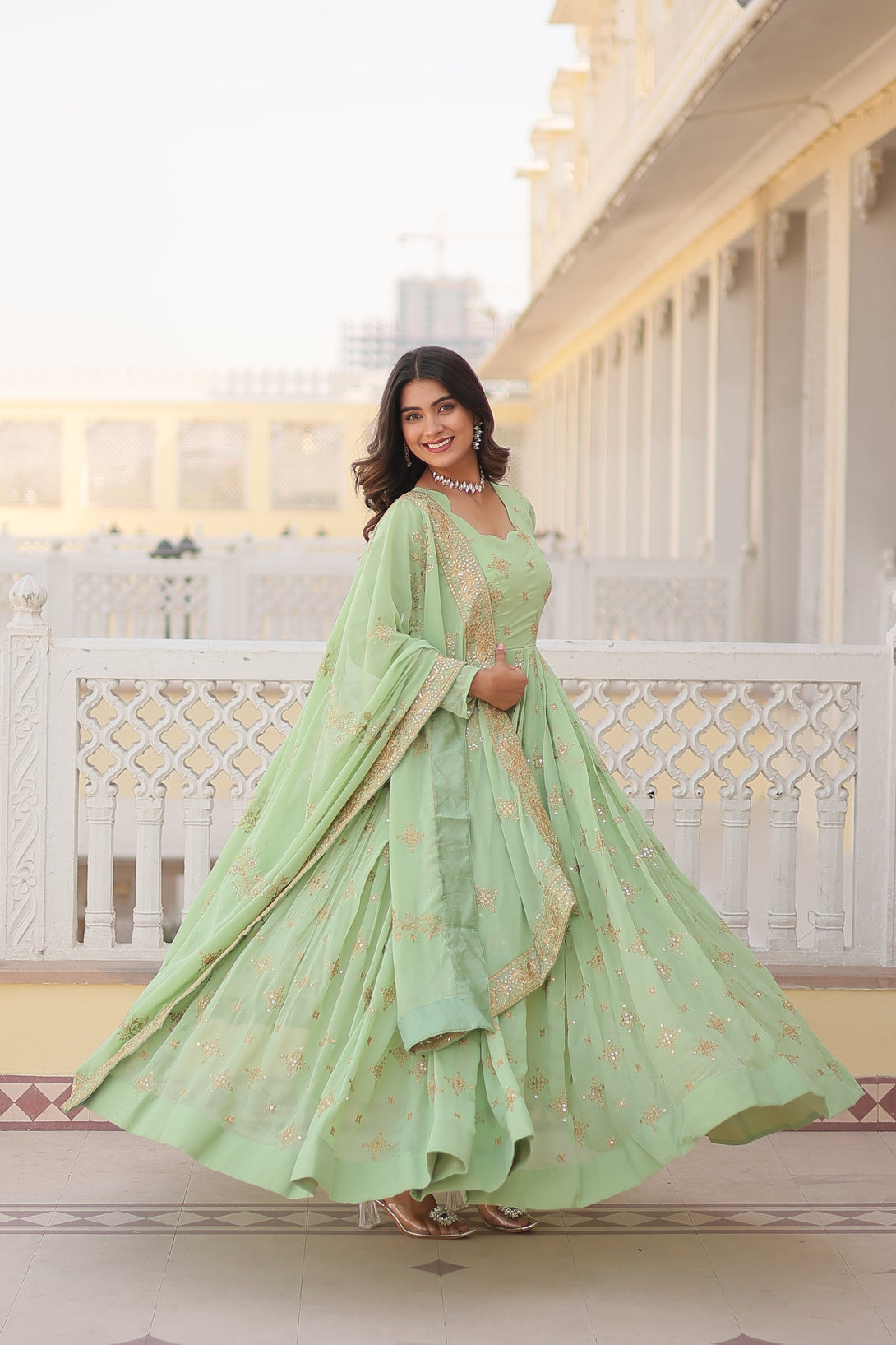 Women's Pista Green Faux Georgette Sequins With Zari Embroidered Anarkali Kurta With Dupatta - Jyoti Fashion