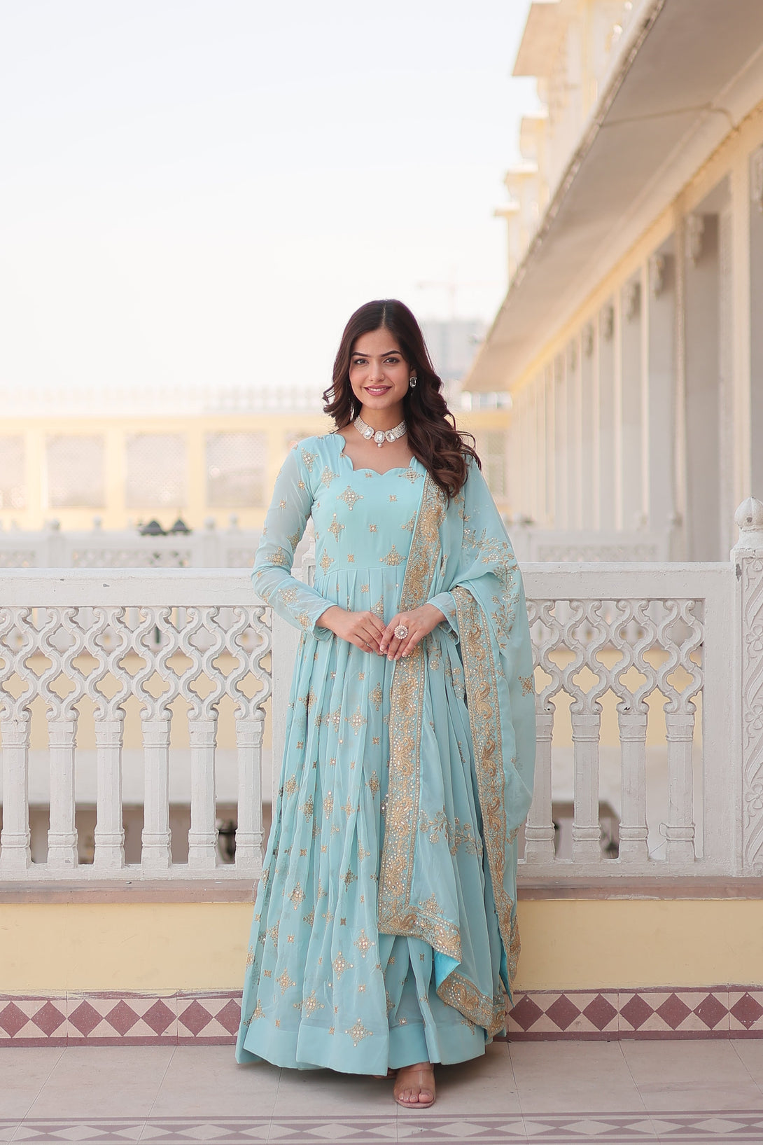 Women's Sky Blue Faux Georgette Sequins With Zari Embroidered Anarkali Kurta With Dupatta - Jyoti Fashion