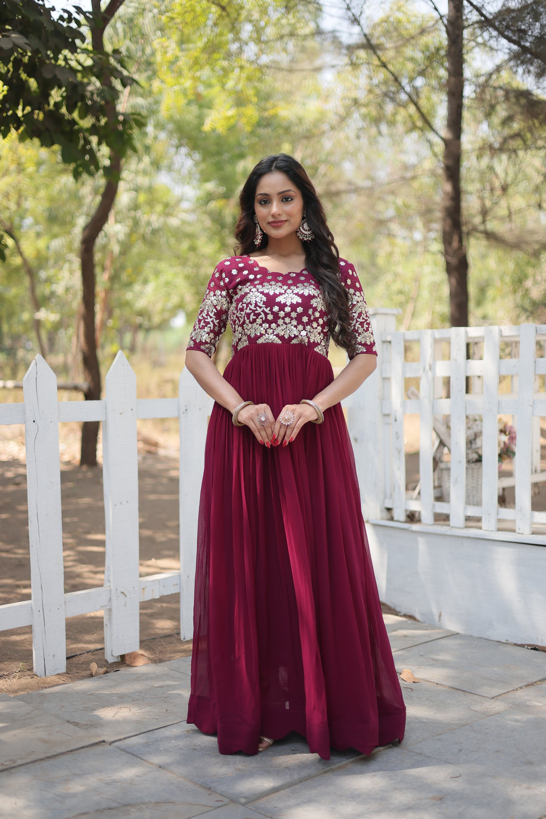 Women's Wine Faux Blooming Sequins With Zari Embroidered Long Anarkali Dress - Jyoti Fashion