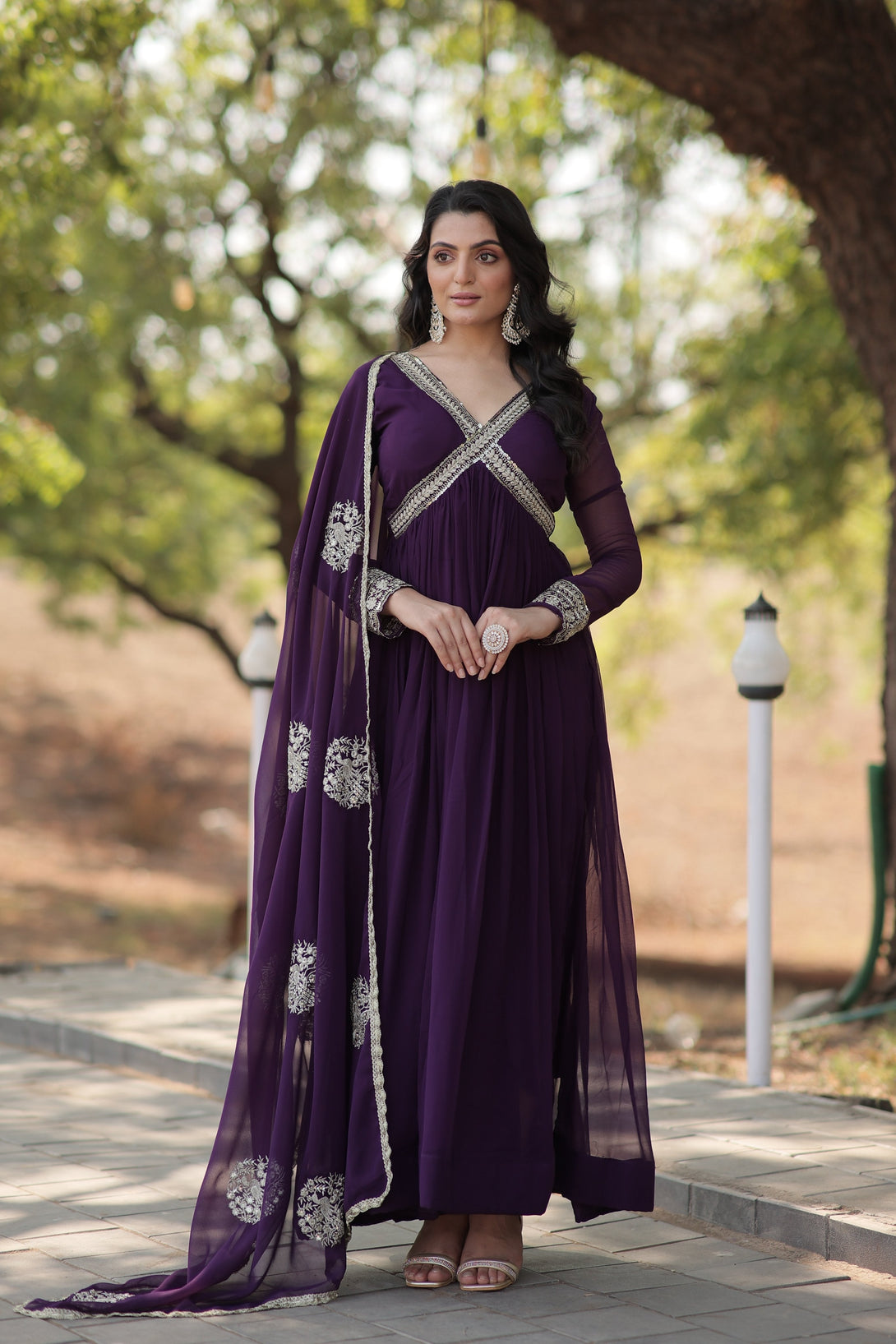 Women's Purple Faux Blooming Sequins With Zari Embroidered Anarkali Kurta With Dupatta - Jyoti Fashion