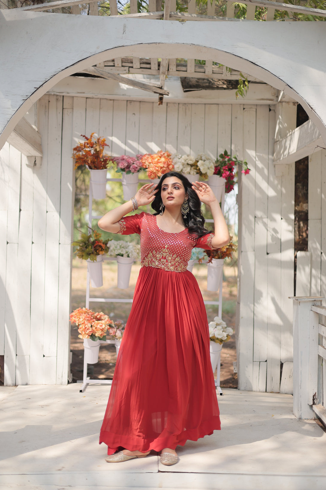 Women's Orange Faux Blooming Sequins With Zari Embroidered Long Anarkali Dress - Jyoti Fashion