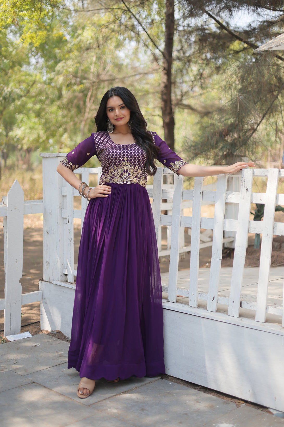 Women's Purple Faux Blooming Sequins With Zari Embroidered Long Anarkali Dress - Jyoti Fashion