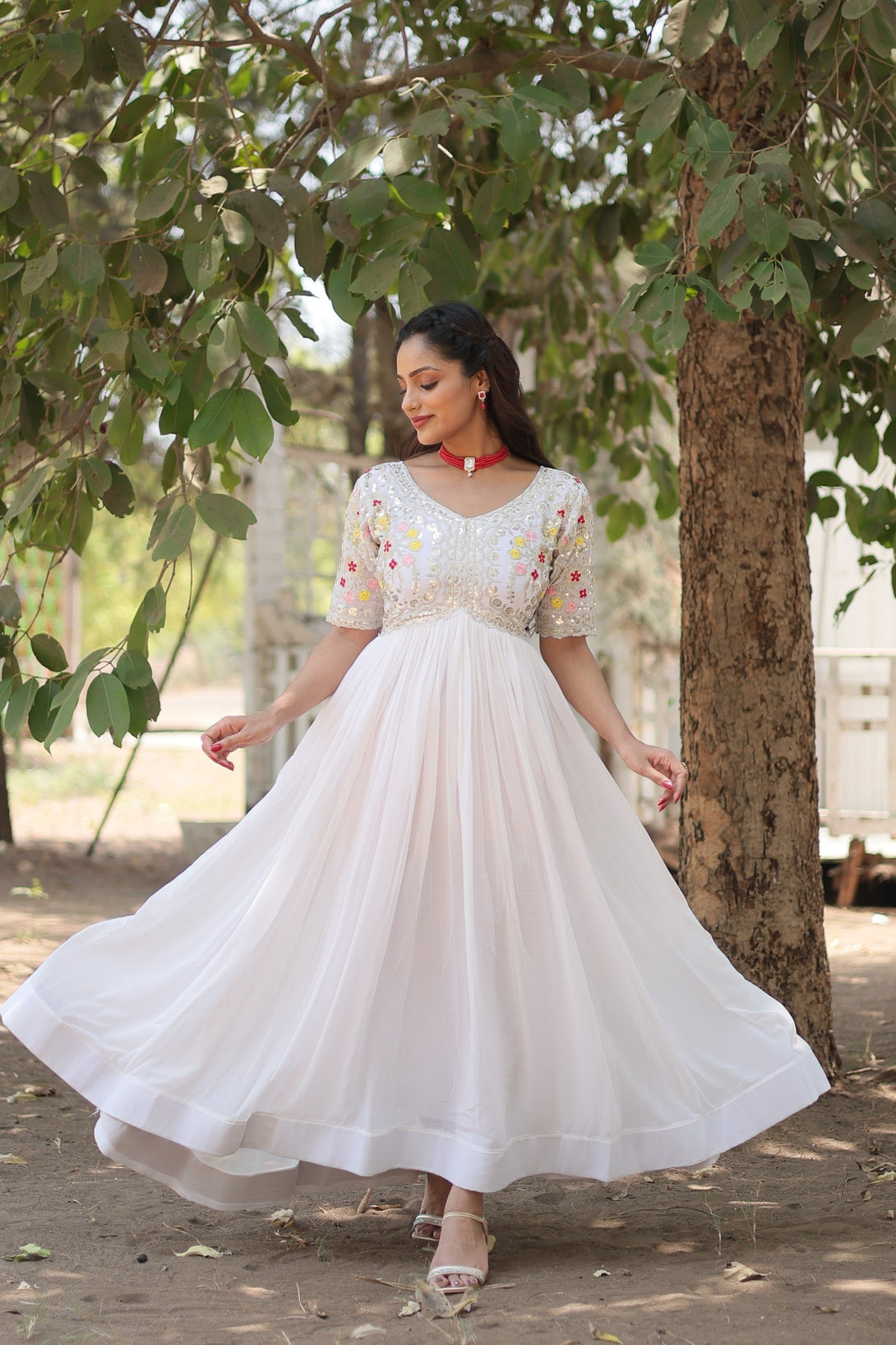 Women's White Faux Blooming Sequins With Zari Embroidered Long Anarkali Dress - Jyoti Fashion