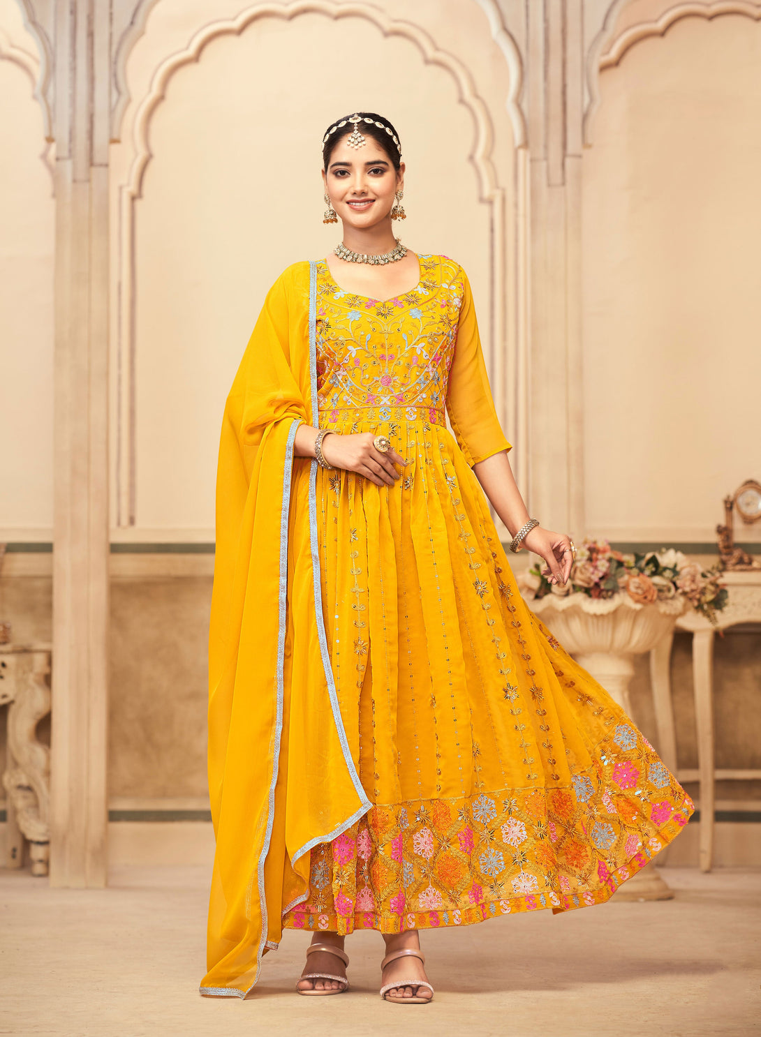 Women's Mustard Faux Georgette Heavy Embroidered Kurta Set - Jyoti Fashion