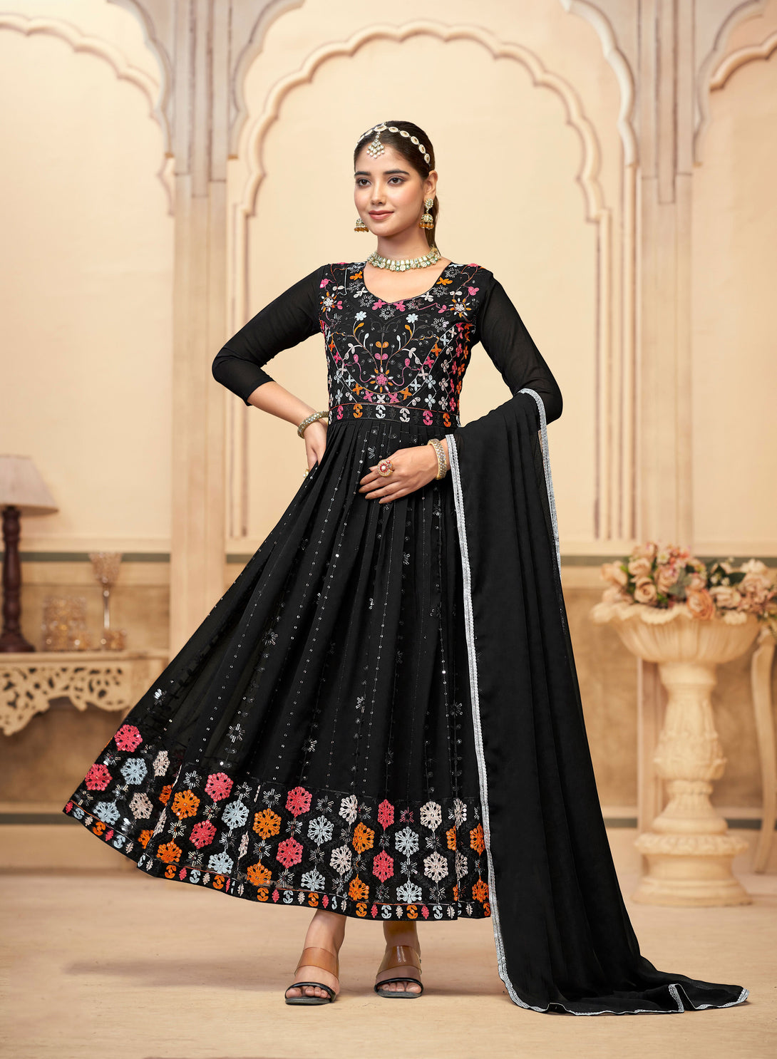 Women's Black Faux Georgette Heavy Embroidered Kurta Set - Jyoti Fashion