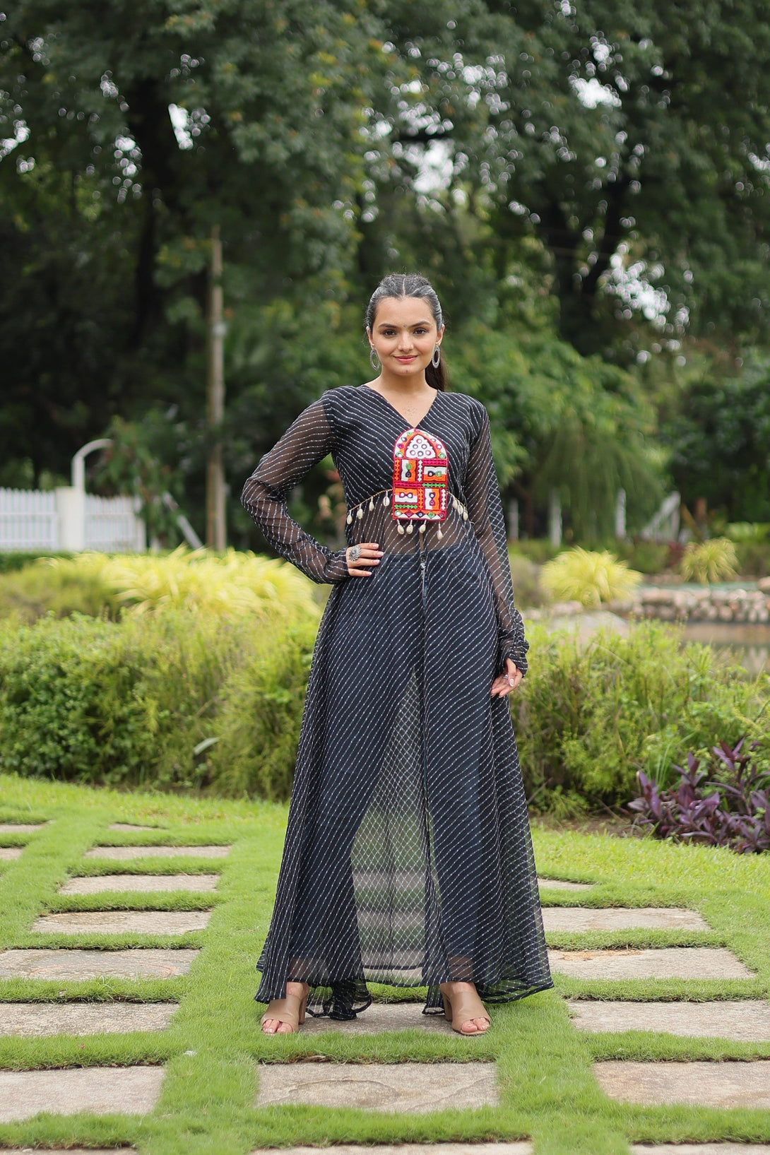 Women's Black Faux Georgette Leheriya Print With Kutchi Patchwork Ethnic Kurta - Jyoti Fashion