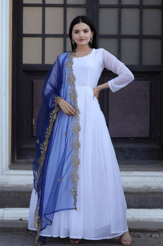 Women's White Faux Georgette Butti Work Anarkali Dress With Dupatta - Jyoti Fashion