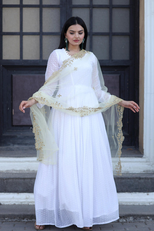 Women's White Faux Georgette Butti Work Anarkali Dress With Dupatta - Jyoti Fashion