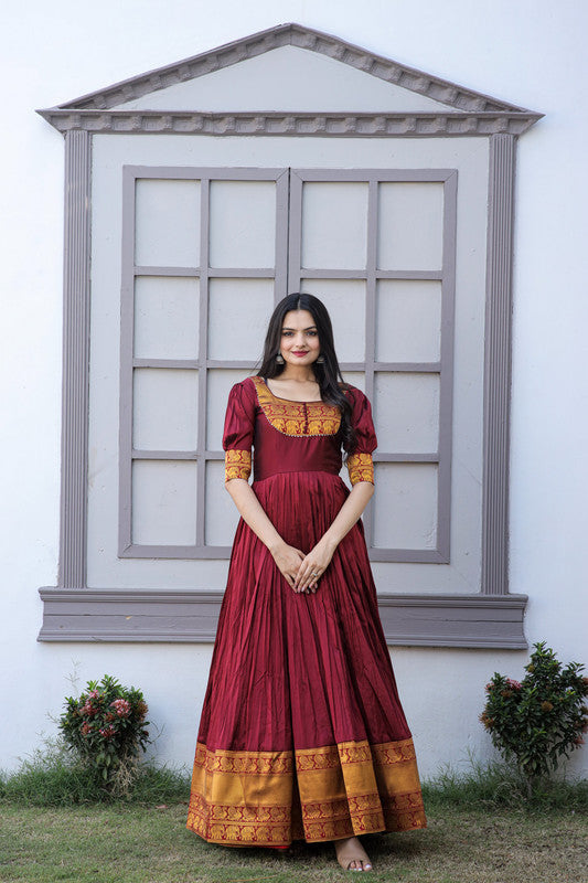 Women's Maroon Silk Jacquard Weaving Festive Anarkali Dress - Jyoti Fashion