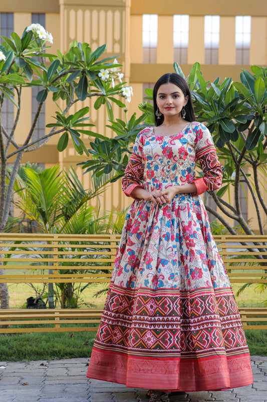 Women's Multicolor Banarasi Silk Kalamkari Print With Jacquard Weaving Anarkali Dress - Jyoti Fashion