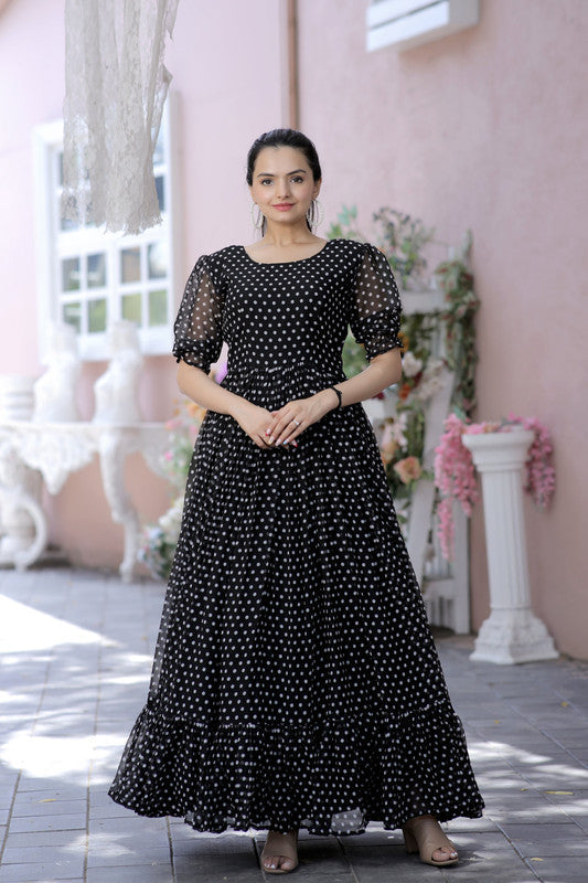 Women's Black Faux Georgette Printed Festive Anarkali Dress - Jyoti Fashion