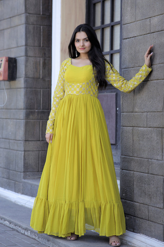 Women's Yellow Faux Blooming Sequins With Zari Embroidered Anarkali Dress - Jyoti Fashion