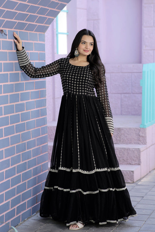 Women's Black Faux Blooming Sequins With Zari Embroidered Anarkali Dress - Jyoti Fashion